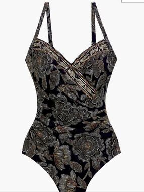 MIRACLE SUIT Petal Pusher Gali Black & Gold Foam Cup V-Neck One Piece swimsuit